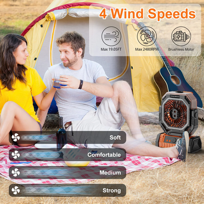 Merryhome 10000mAh Camping Misting Fan,Oscillating Camping Fan with Light,Rechargeable Fan with 9oz Water Tank,4 Speed & 4 Timer Settings Outdoor Fan for Camping（Orange）