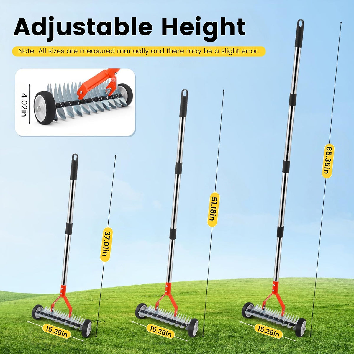 Merryhome Thatch Rake with Wheels,37-65.35'' Adjustable Dethatching Roller Rake,Adjustable 0-12° Angle Stainless Steel Blades Heavy Duty Dethatcher,21 Tines Garden Rake for Moss,Grass,Leaves,Debris(Orange)