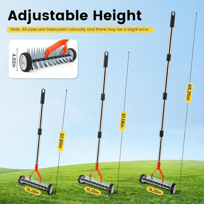Merryhome Thatch Rake with Wheels,37-65.35'' Adjustable Dethatching Roller Rake,Adjustable 0-12° Angle Stainless Steel Blades Heavy Duty Dethatcher,21 Tines Garden Rake for Moss,Grass,Leaves,Debris(Orange)