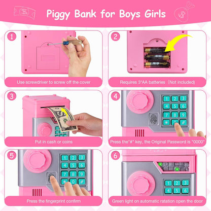 Teblint Piggy Bank for Kids, Electronic Money Bank, ATM Fingerprint Password Money Bank Cash Coins Saving Box with Auto Grab Bill Slot, Perfect Toy Gifts for Boys Girls, Pink