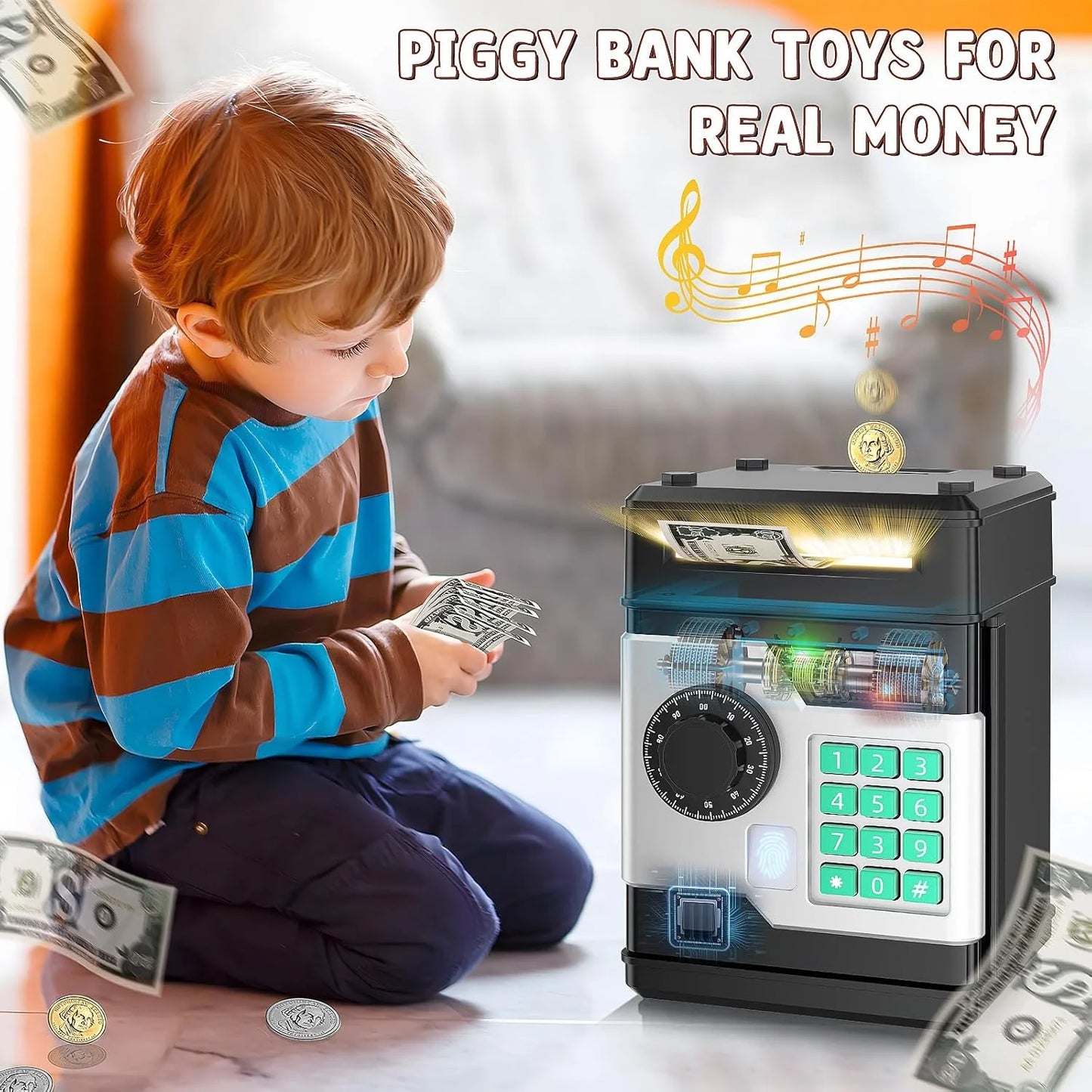 Teblint Piggy Bank for Kids, Electronic Money Bank, ATM Fingerprint Password Money Bank Cash Coins Saving Box with Auto Grab Bill Slot, Perfect Toy Gifts for Boys Girls, Black