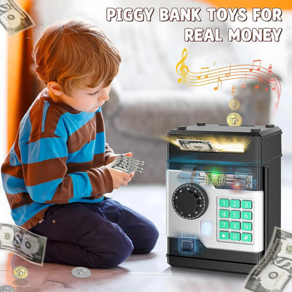 Teblint Piggy Bank for Kids, Electronic Money Bank, ATM Fingerprint Password Money Bank Cash Coins Saving Box with Auto Grab Bill Slot, Perfect Toy Gifts for Boys Girls, Black