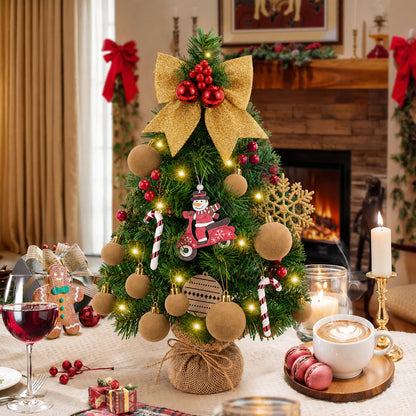 Tabletop Christmas Trees, 18 Inch Mini Xmas Tree with LED String Lights for Indoor Holiday DIY Decor Khaki