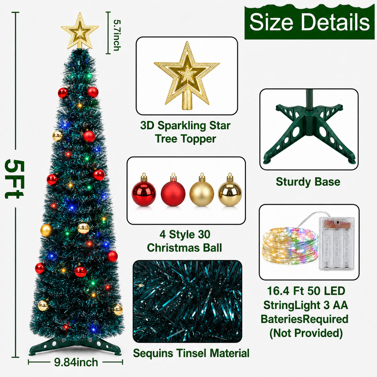 PUCACHI Pop Up Christmas Tree with Lights & 30 Balls,5Ft Collapsible Christmas Tree,Green Artificial Tinsel Pencil Xmas Trees for Indoor Home Office Party Christmas Decorations