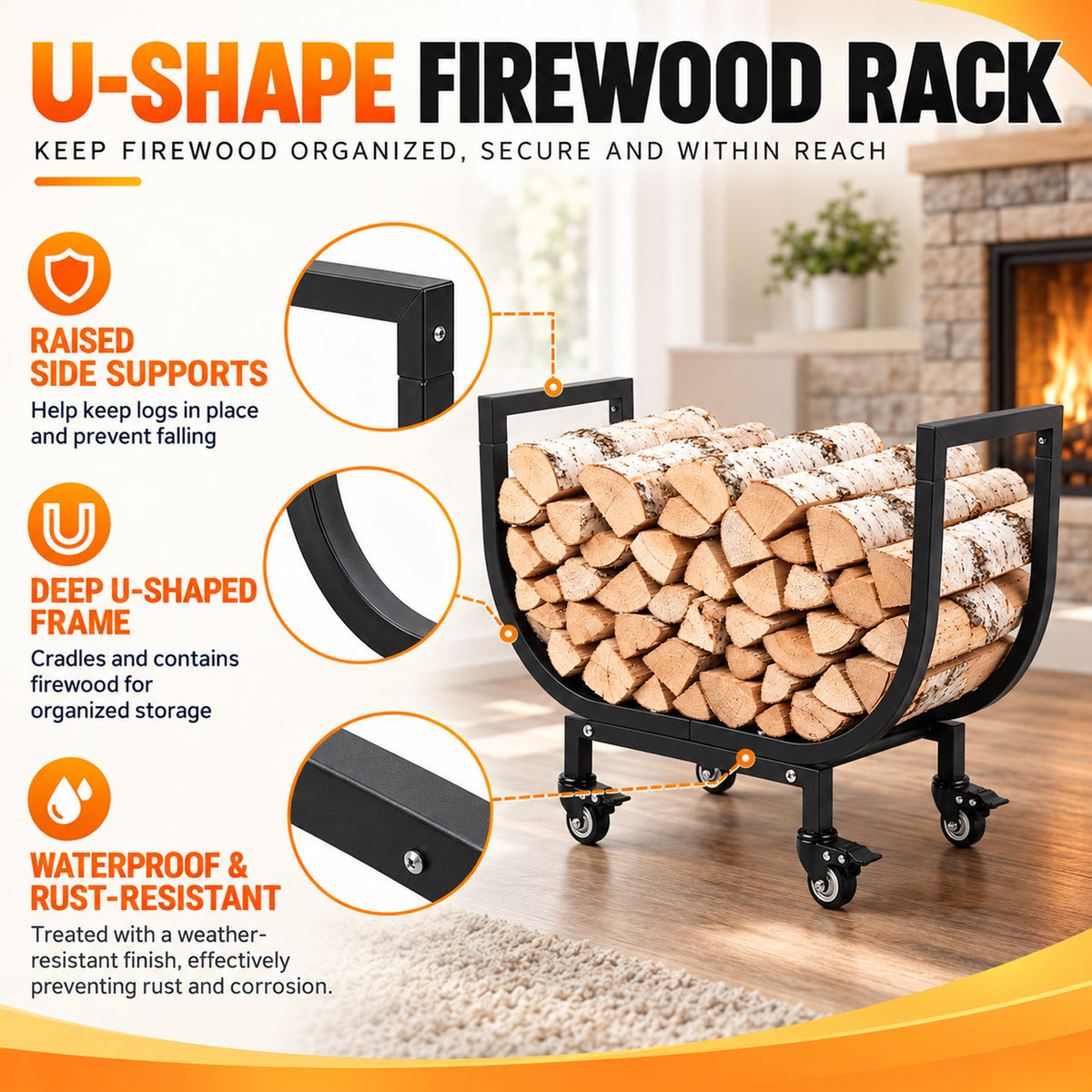 24in Firewood Rack with Wheels, Rustproof Heavy Duty Metal Log Holder, Outdoor Indoor Firewood Storage Organizer for Fireplace Patio Deck Firepit, Black