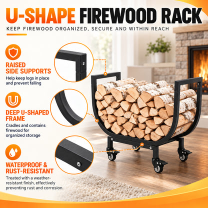 24in Firewood Rack with Wheels, Rustproof Heavy Duty Metal Log Holder, Outdoor Indoor Firewood Storage Organizer for Fireplace Patio Deck Firepit, Black