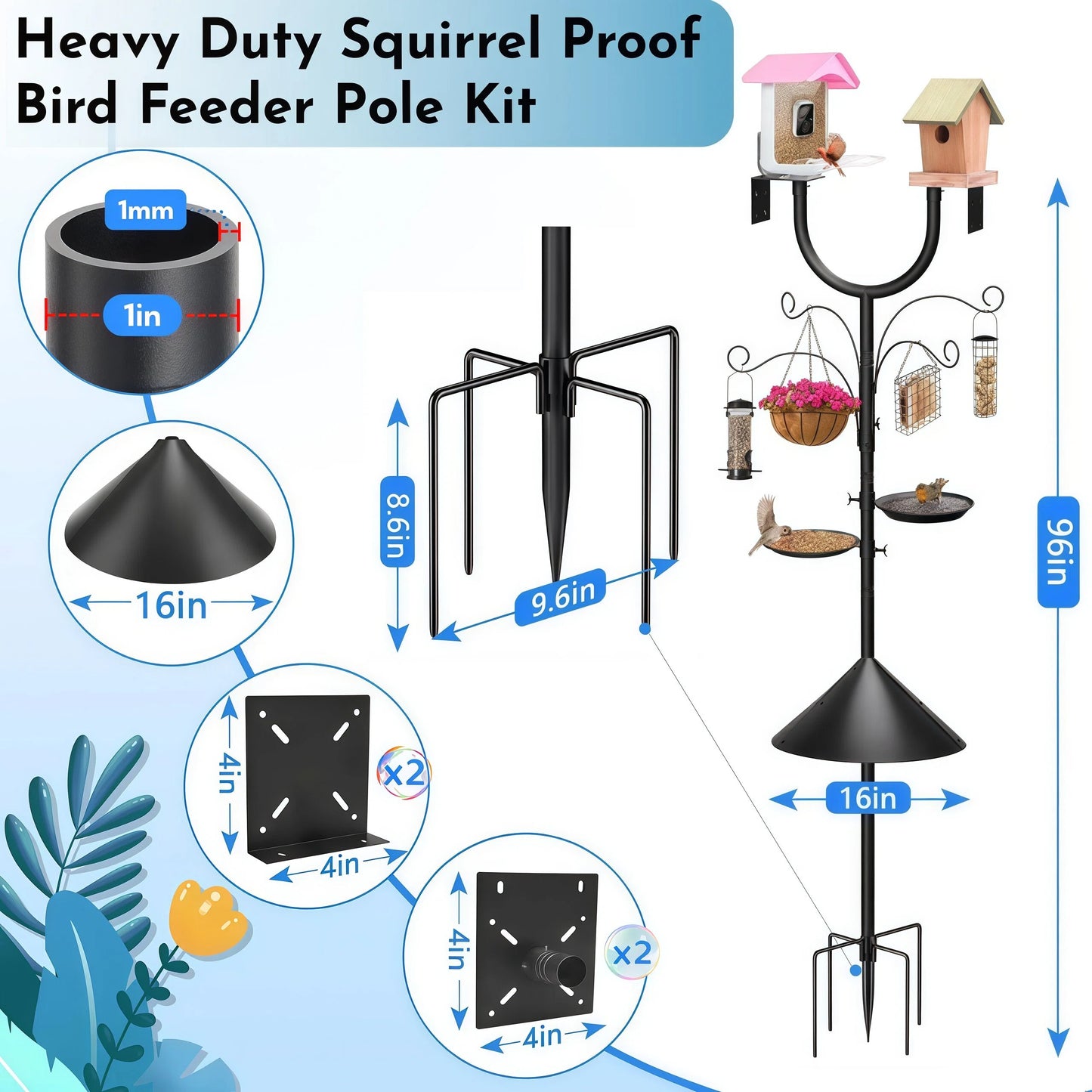 Teblint 108" Bird Feeding Station, Heavy Duty Bird Feeder Pole Bird House Stand Mount Kit w/ Squirrel Proof Baffle Upgraded U-Shape Platform 4 Shepherd Hooks Adjustable Feeder Stand for Outdoor