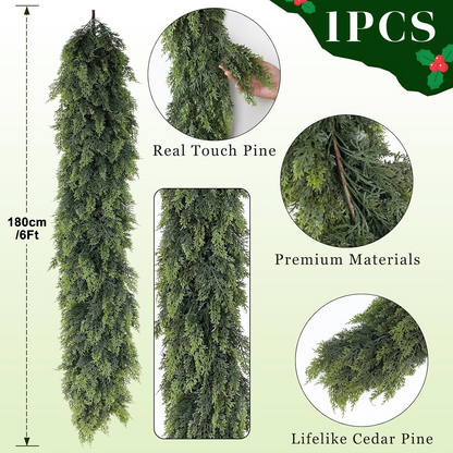 PUCACHI 6 Ft Christmas Garland,Real Touch Christmas Cedar Garland,Faux Lush Cedar Pine Garland,Artificial Greenery Garland for Table,Mantle, Fireplace,Window,Indoor,Outdoor Christmas Decorations