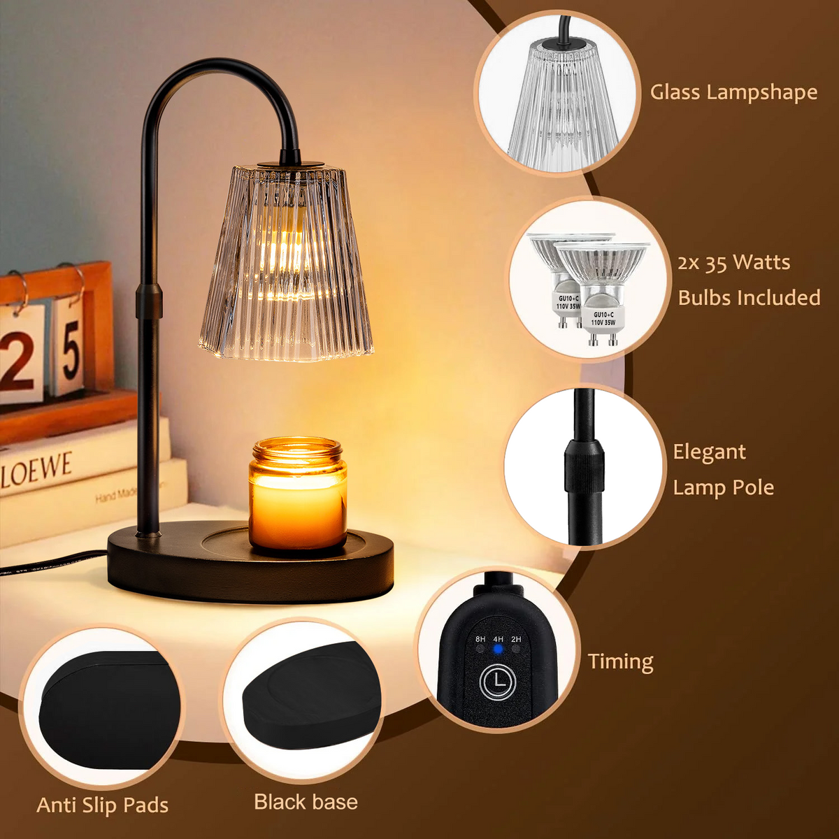 Merryhome Candle Warmer Lamp with Timer,Dimmable & Adjustable Height Wax Melts Warmer,Top Down Melting for All Jar Candles,Valentines Day Gifts for Daughter/Mom/Women,Black (Includes 2 Halogen Bulbs)
