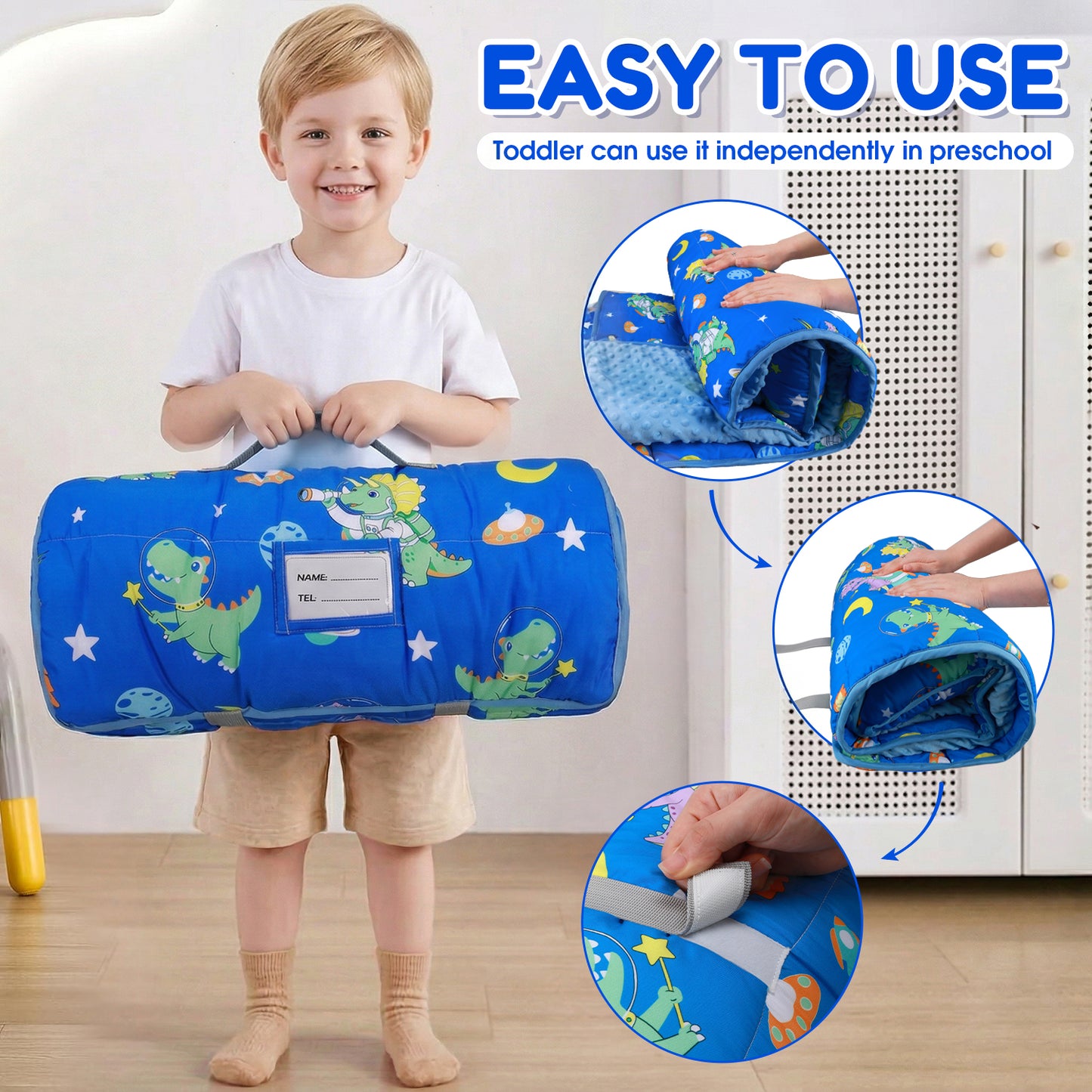 Teblint Thickened Toddler Nap Mat with Removable Pillow & Minky Blanket, 51''x20'' Sleeping Bag, Washable, Roll up, Perfect for Daycare, Preschool, Kindergarten, Boys and Girls Blue