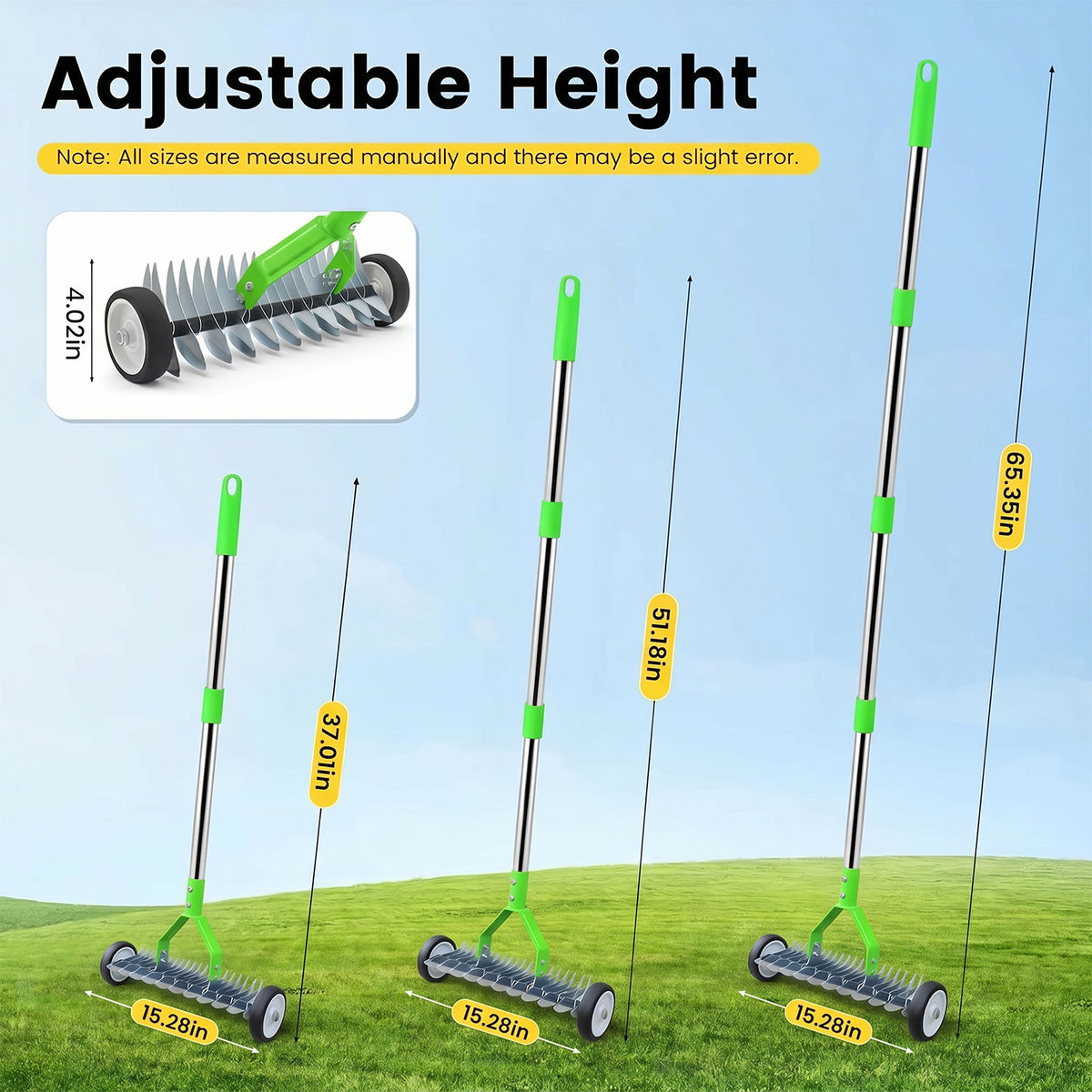 Merryhome Thatch Rake with Wheels,37-65.35'' Adjustable Dethatching Roller Rake,Adjustable 0-12° Angle Stainless Steel Blades Heavy Duty Dethatcher,21 Tines Garden Rake for Moss,Grass,Leaves,Debris(Green)