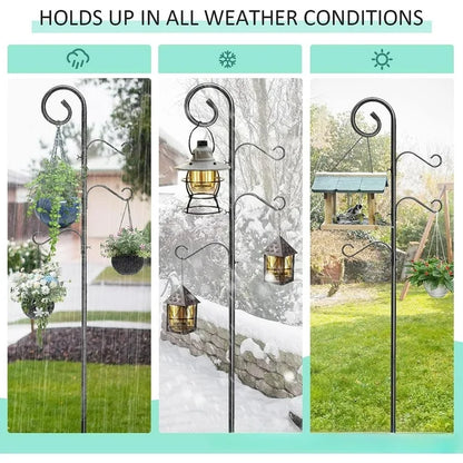 92 Inch Shepherds Hooks for Outdoor 2 Pack, Bird Feeder Poles with 4 Hooks, Shepherds Hook for Bird Feeders Outside with Base, Garden Pole for Hanging Plant Baskets, Weddings Decor