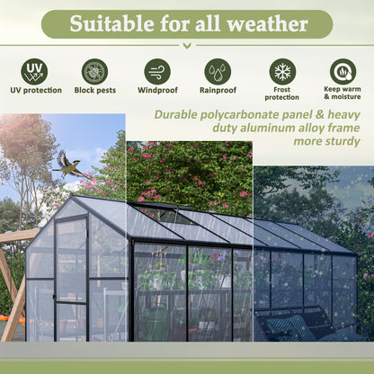 6x12 FT Thicked Polycarbonate Greenhouse, Greenhouse with Double Flush Door, Rain Gutter and Ventilation Window, Green House for Sunroom, Garden, Backyard, Walk-in Large Winter Greenhouse