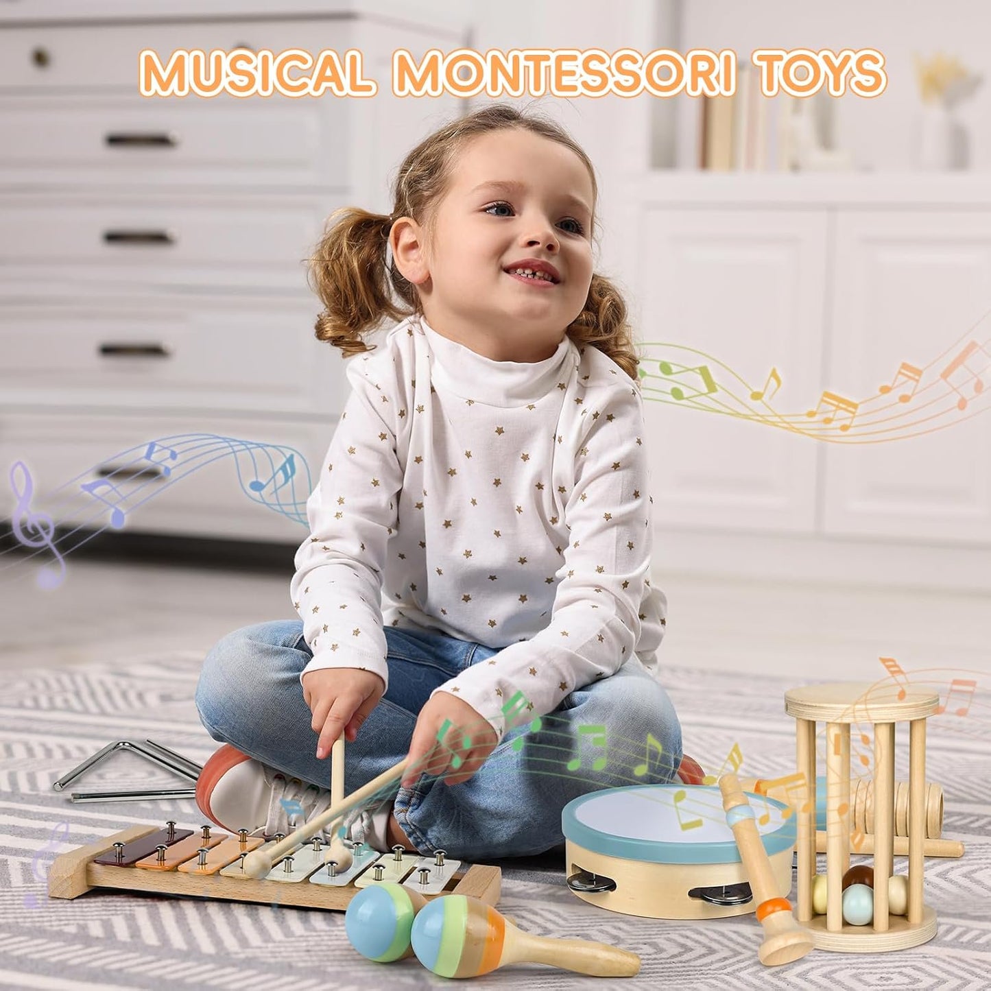 Teblint Toddler Musical Instruments Toys, Baby Toys for Kids Preschool Educational, Montessori Wooden Percussion Instruments Set Xylophone Gift for Kids 1-3 Boys and Girls