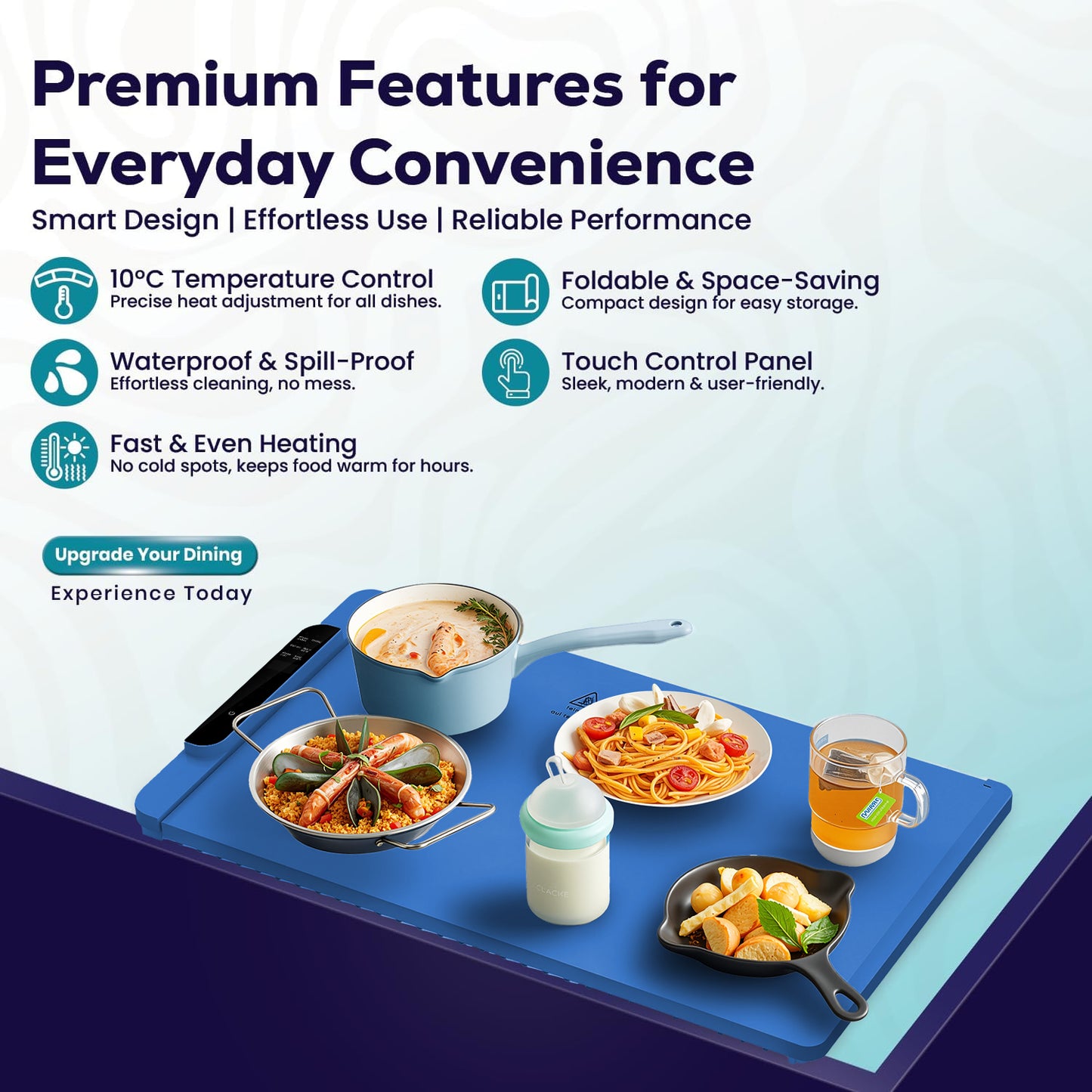 Food Warming Mat with 10 Level Temperature,Warming Mat for Food,Fast Heating Silicone Electric Warming Tray for Party,Family Dinner,Residential,Commercial,Travel（Blue）