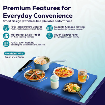 Food Warming Mat with 10 Level Temperature,Warming Mat for Food,Fast Heating Silicone Electric Warming Tray for Party,Family Dinner,Residential,Commercial,Travel（Blue）