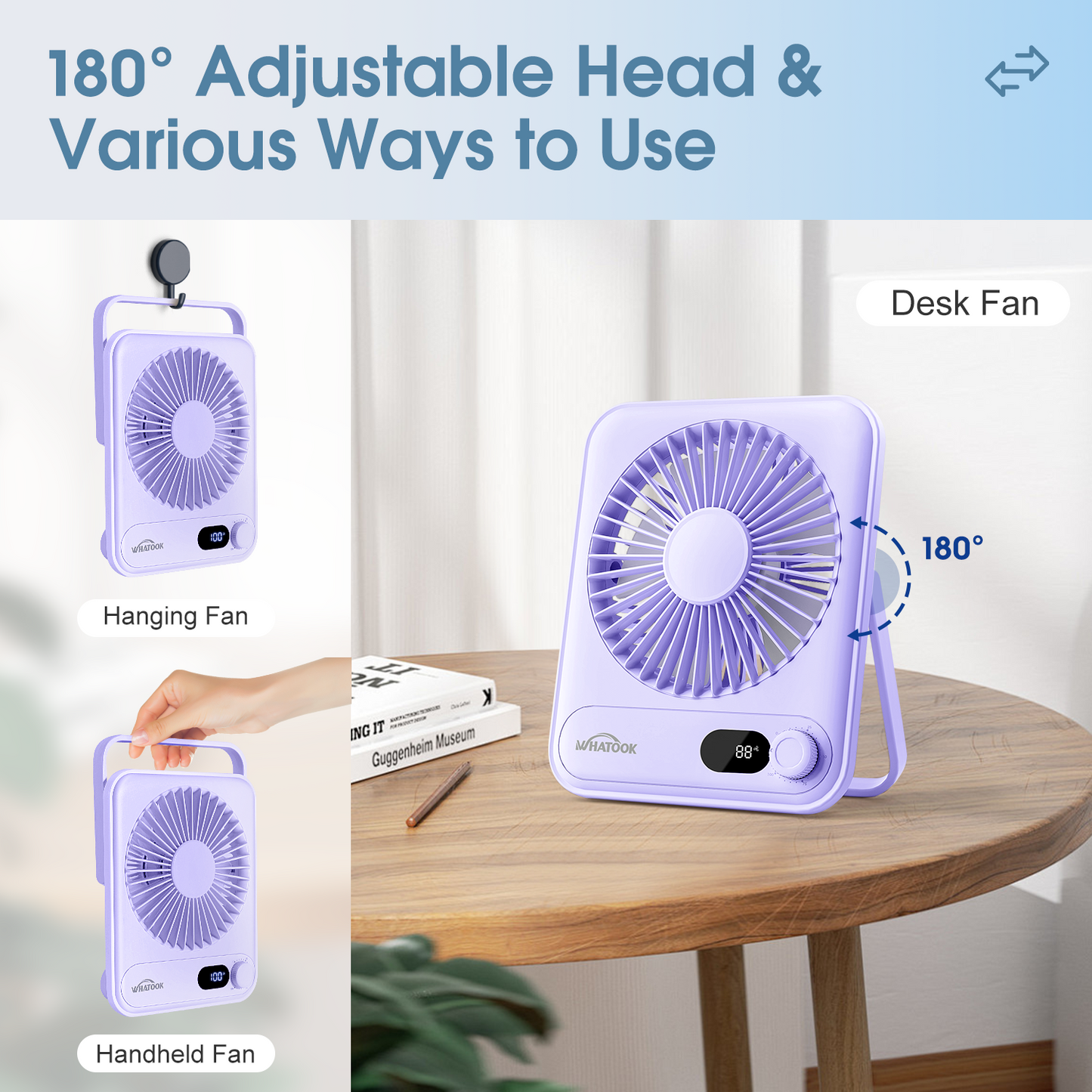 Desk Fan Rechargeable Portable Fan, 2000mAh 10 Hours Battery Operated Personal Silent Table Fan, 100 Speeds Desktop Fan for Bedroom Home Office Outdoor, Purple