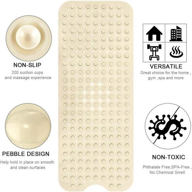 Bath Tub Mat, Non-Slip Bath Mat, 39x16 inches Shower Mat, PVC Bathtub Mat with Suction Cups & Drain Holes, Machine Washable, Beige