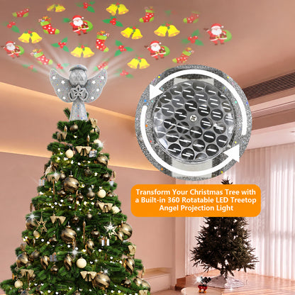 Christmas Tree Toppers Lighted, Christmas Angel Tree Topper with Built-in LED Rotating Lights, 3D Glitter Projection for Xmas Party Holiday Decorations