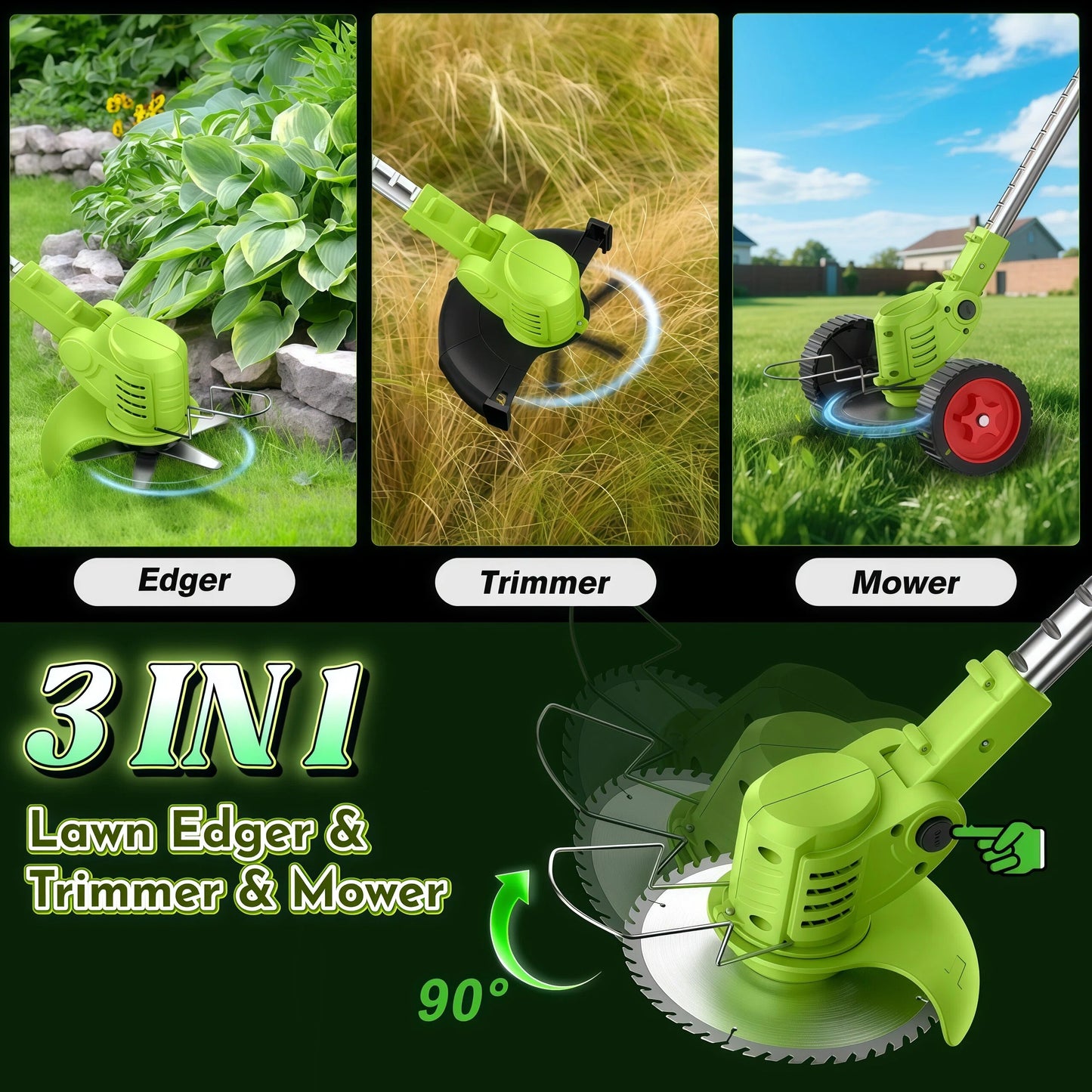 Teblint 650W Electric Weed Wacker, Cordless String Trimmer, Weed Eater Grass Trimmer/Edger/Cutter with Wheels, 2Pcs 21V Batteries, 5 Types of Blades, Adjustable Length for Lawn Yard Garden (Green)