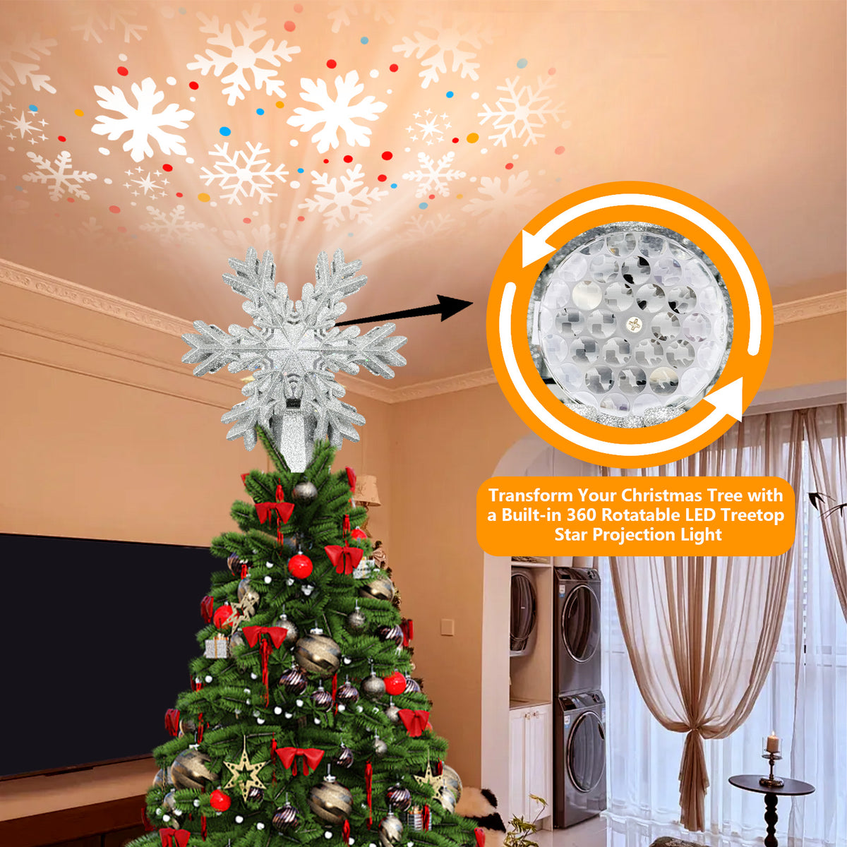 PUCACHI Silver Star Tree Topper with LED Rotating Star Projector Light for Indoor Outdoor Christmas Decoration