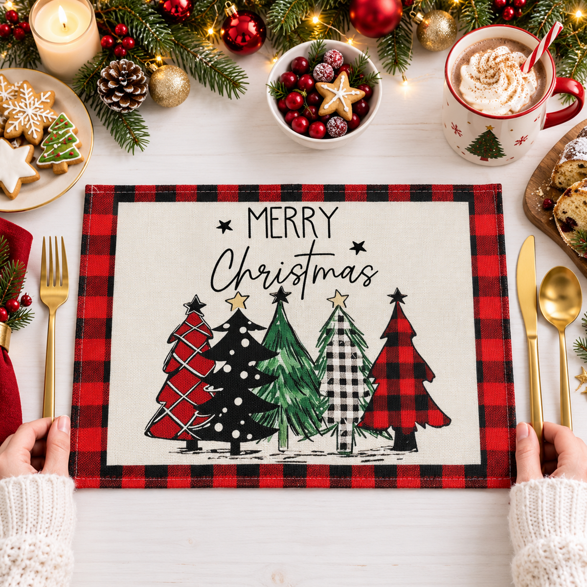 Christmas Placemat Set, 7 Pcs Christmas Table Decor, 6 Placemats with 1 Table Runner, Christmas Tree Pattern, Washable Xmas Kitchen Dining Table Decoration for Holiday Party
