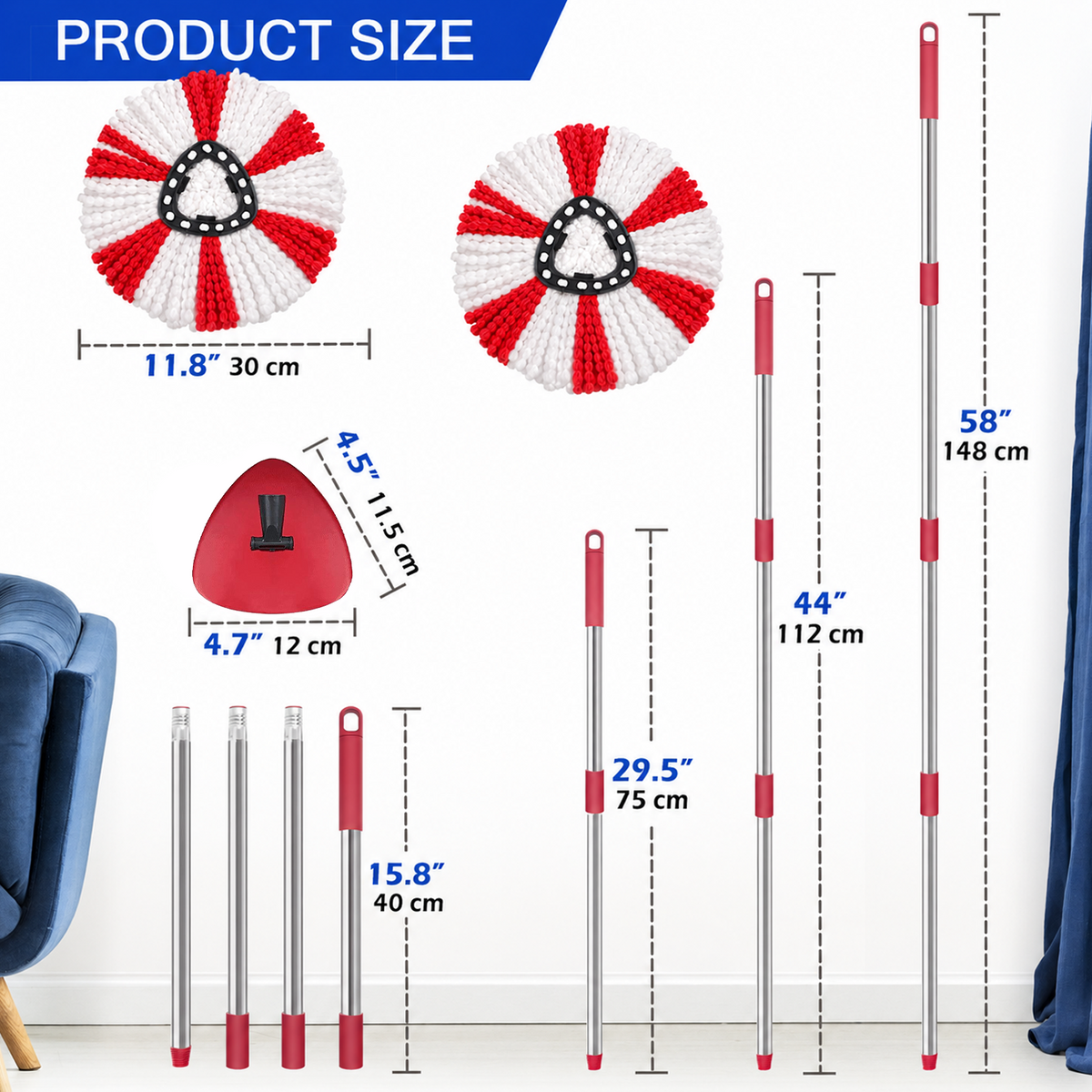 Merryhome Spin Mop Accessory,Spin Mop Replacement Heads 4 Pack with 1 Triangle Base and 58 inches Long Handle,Machine Washable