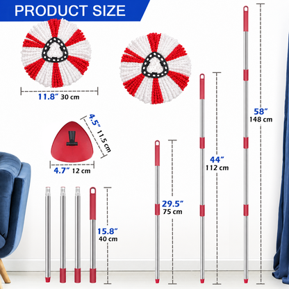 Merryhome Spin Mop Accessory,Spin Mop Replacement Heads 4 Pack with 1 Triangle Base and 58 inches Long Handle,Machine Washable