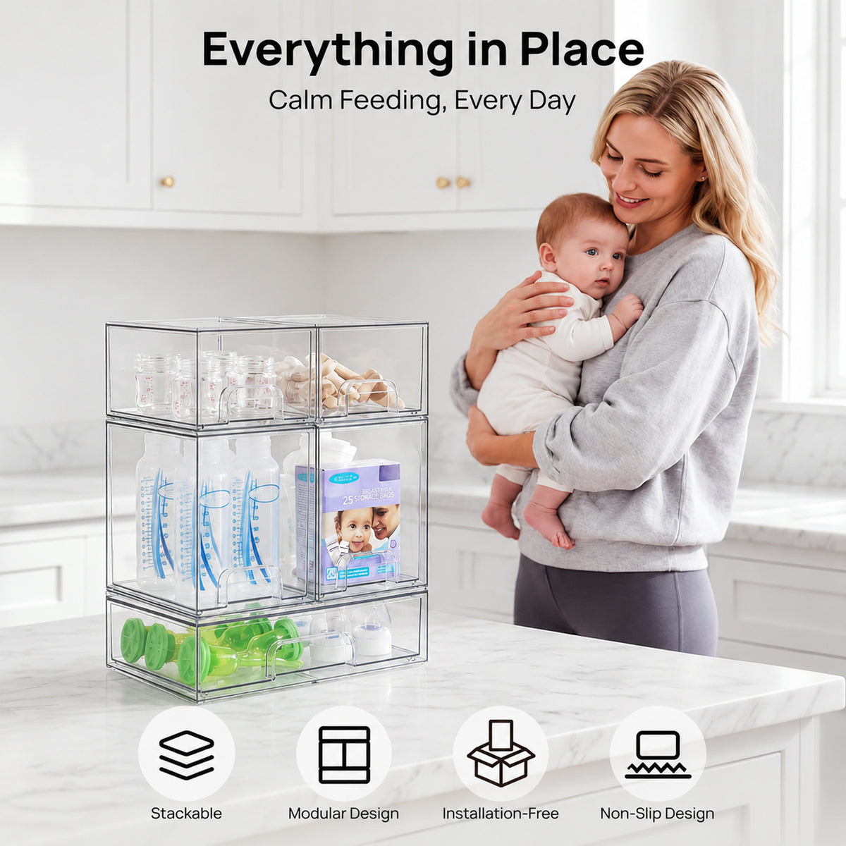 PUCACHI 5Pack Stackable Acrylic Storage Drawers,Acrylic Organizer Bins for Makeup,Cosmetics,Beauty Supplies,Bathroom Organizer Countertop,Bathroom Under Sink Organizers,12x7.5x15.4in