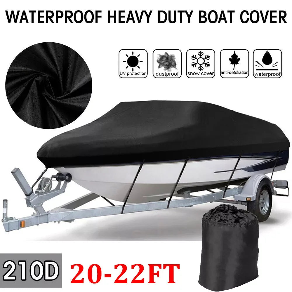 Teblint Waterproof Boat Cover, 20-22ft Trailerable Boat Cover, 420D Heavy Duty Oxford Mooring Cover for V-Hull Boat Runabouts with 5 Straps, Storage Bag (Black)