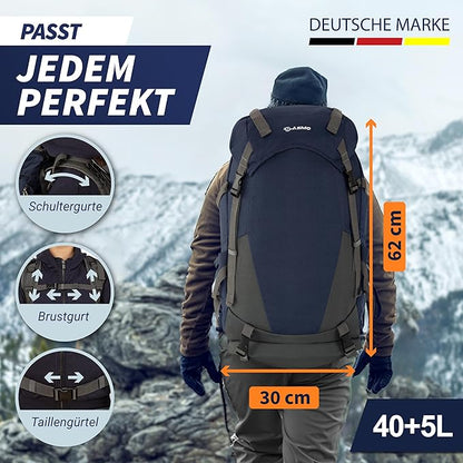 Hiking Backpack 40 L + 5 L with Contact Back, Insulated Front Compartment and Integrated Toiletry Bag, Women's Hiking Backpack + Shoe Compartment, Hiking Backpack for Men, Includes Rain Cover, Blue