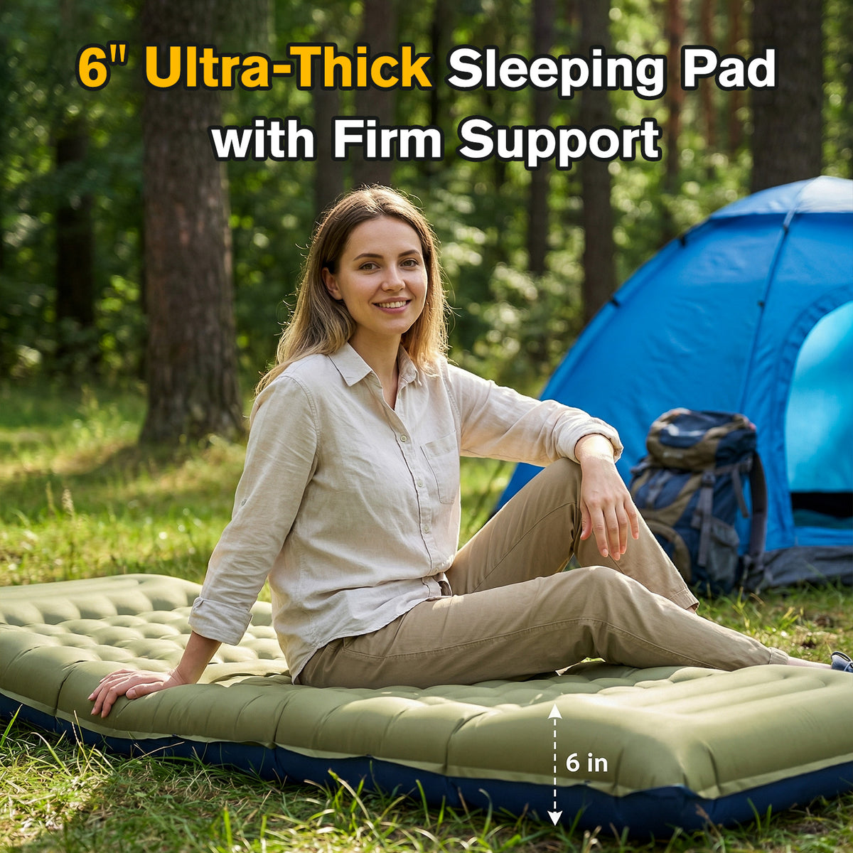 Merryhome Sleeping Mat for Camping,6" Extra-Thick Reinforced Sleeping Pad with Pillows & Built-in Foot Pump,Ultralight Self Inflating Air Mattress Mat for Tent Hiking Essentials Gear（Single,Green）