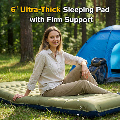 Merryhome Sleeping Mat for Camping,6" Extra-Thick Reinforced Sleeping Pad with Pillows & Built-in Foot Pump,Ultralight Self Inflating Air Mattress Mat for Tent Hiking Essentials Gear（Single,Green）