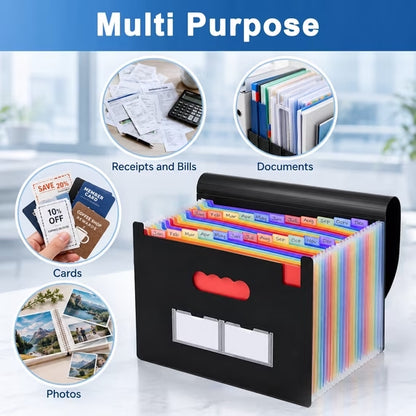 PUCACHI Accordion File Organizer, 25‑Pocket A4 Freestanding Expanding File Folder, Polypropylene Waterproof Acid‑Free Document Storage, Black, 2‑Pack