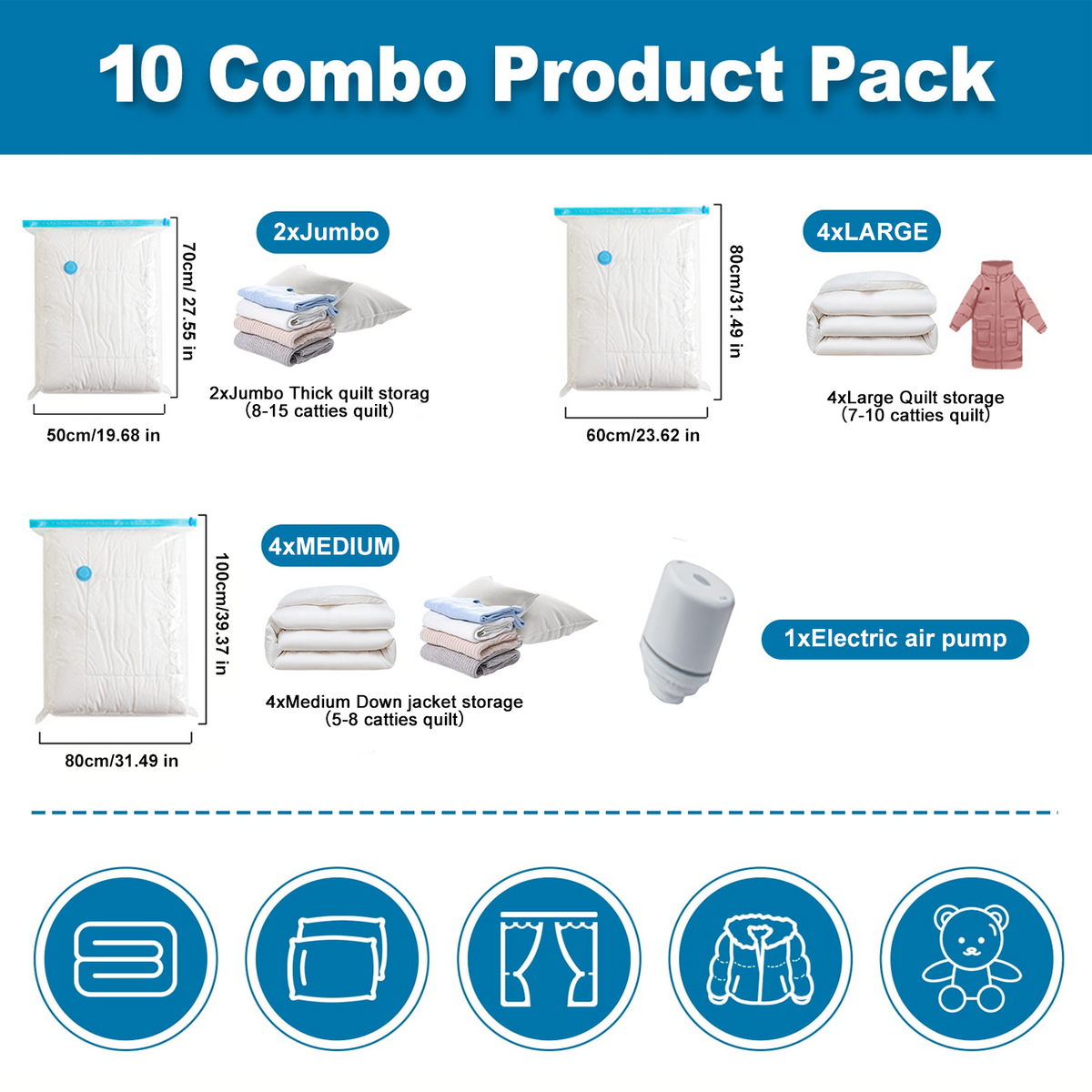 Merryhome 10Pcs Vacuum Storage Bags with Electric Pump,Space Saver Bags (2 Jumbo/4 Large/4 Medium),Double-Zip Seal Space Saver Bags for Clothes,Comforters,Blankets,Bedding,Travel Essentials