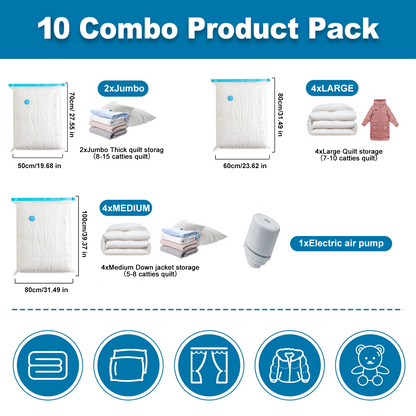Merryhome 10Pcs Vacuum Storage Bags with Electric Pump,Space Saver Bags (2 Jumbo/4 Large/4 Medium),Double-Zip Seal Space Saver Bags for Clothes,Comforters,Blankets,Bedding,Travel Essentials