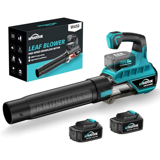 WHATOOK 20V Cordless Leaf Blower with 2 X 4.0Ah Batteries & Charger, Blushless Motor Electric Leaf Blowers for Lawn Care 450 CFM 120MPH for Snow Blowing Garden Cleaning