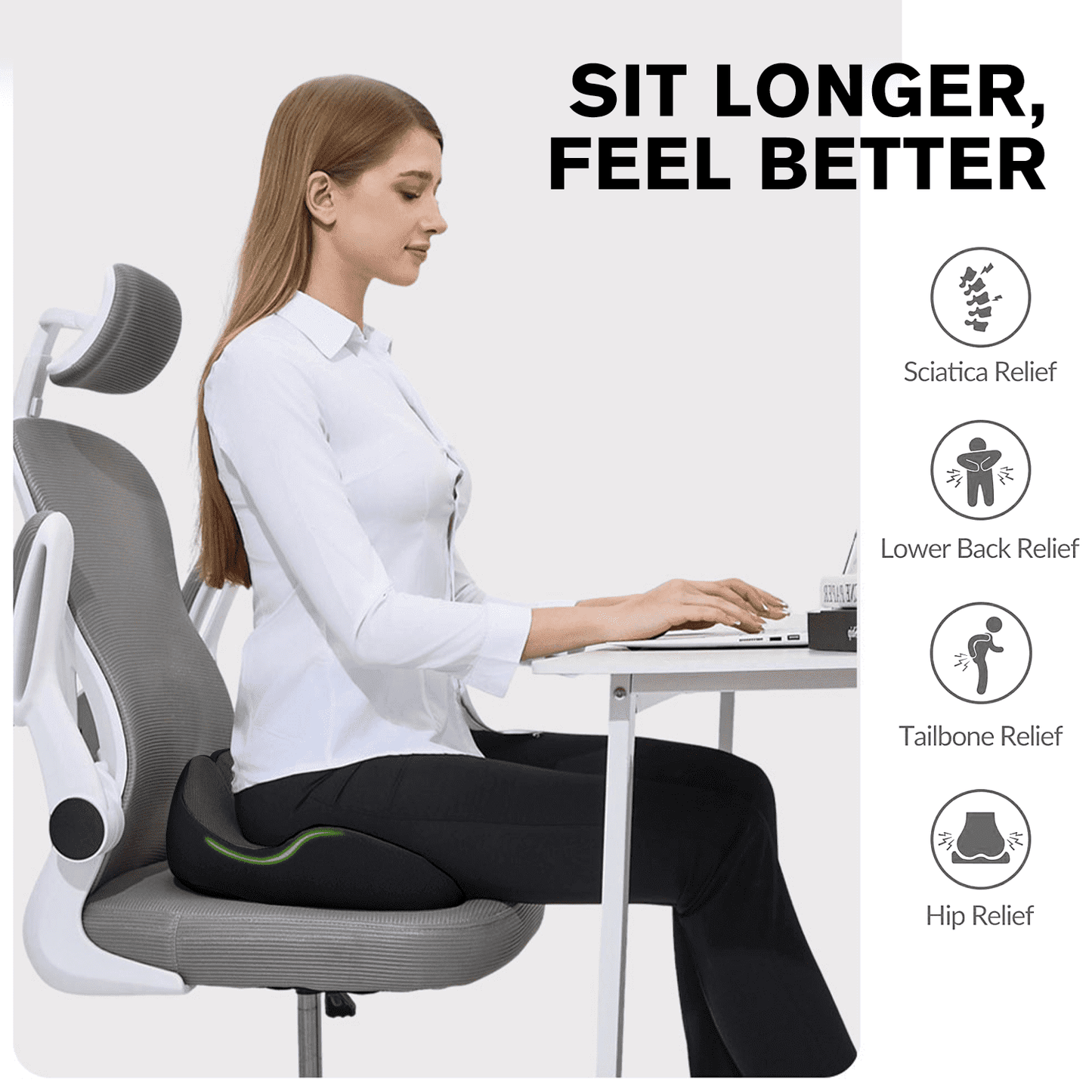 Henotian Memory Foam Seat Cushion for Office Chair, Extra-Thick Ergonomic Chair Cushion for Tailbone, Sciatica & Back Pain Relief, Non-Slip Car Seat Pillow Black