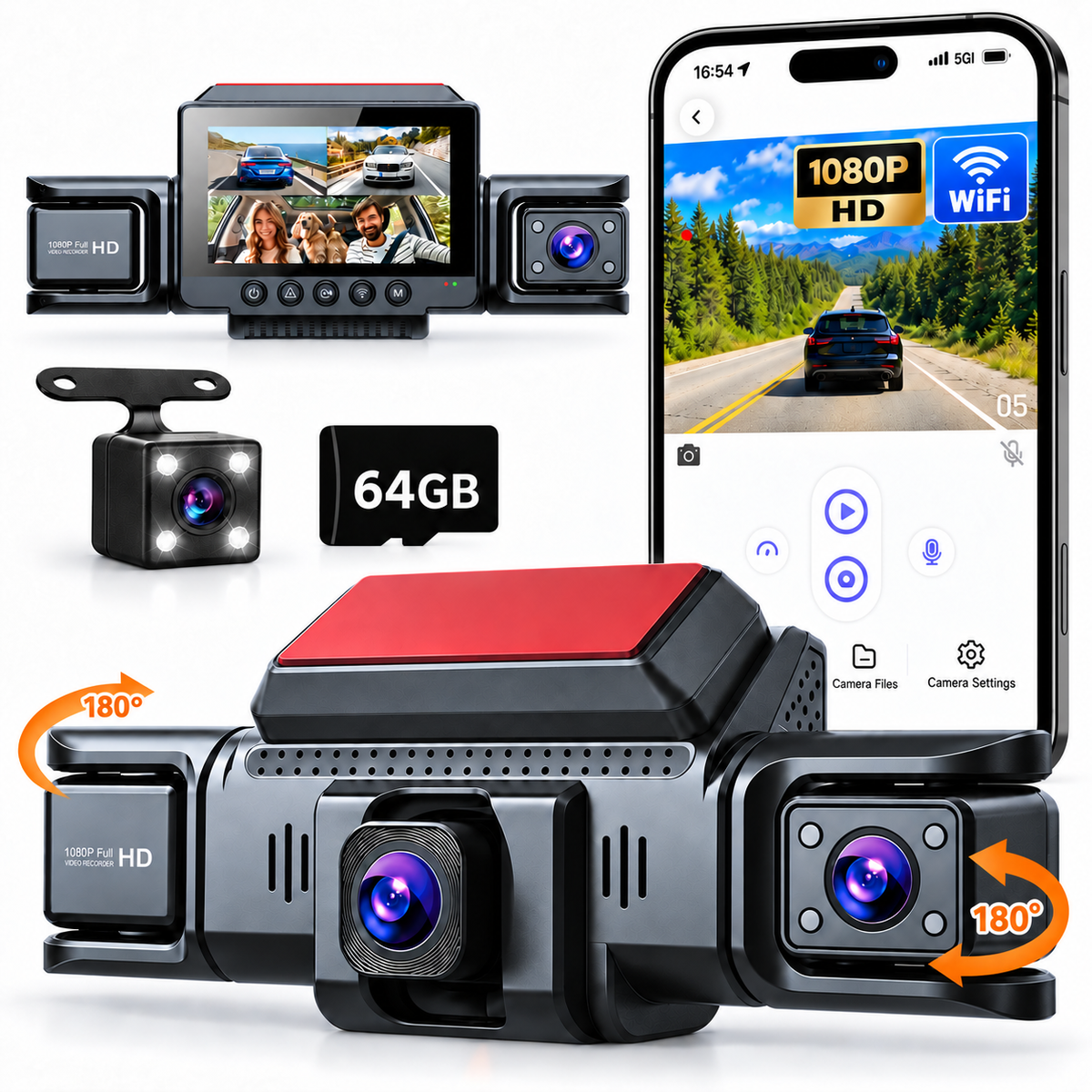 Henotian 4 Channel Dash Cam 360° View, Front Rear Inside Left Right Car Dash Camera, 1080P FHD Multi-Camera Dash Cam with WiFi App Control, G-Sensor, Loop Recording