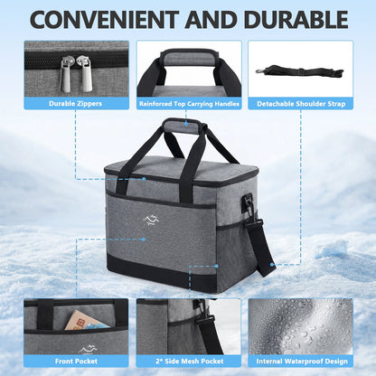 Merryhome 45 Can Soft Sided Cooler Bag, 29 Qt Insulated Leakproof Collapsible Cooler with Shoulder Strap for Beach, Camping, Picnic and Travel, Gray
