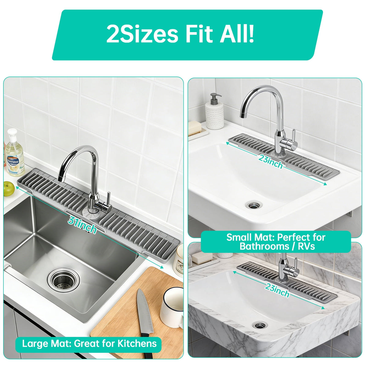 Merryhome 2-Pack Kitchen Sink Splash Guard, 31" and 23" Silicone Faucet Mat, Fast Draining Splash Guard for Kitchen, Bathroom, RV, Gray