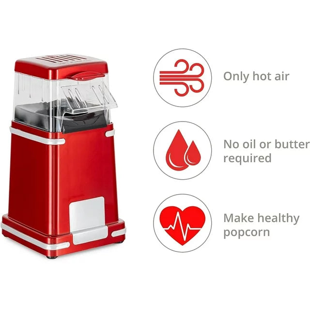 HOOFUN Popcorn Maker, 1200W Fat Free Hot Air Popcorn Popper Retro Design, For Movie Lovers, Metallic Red Popcorn Machine