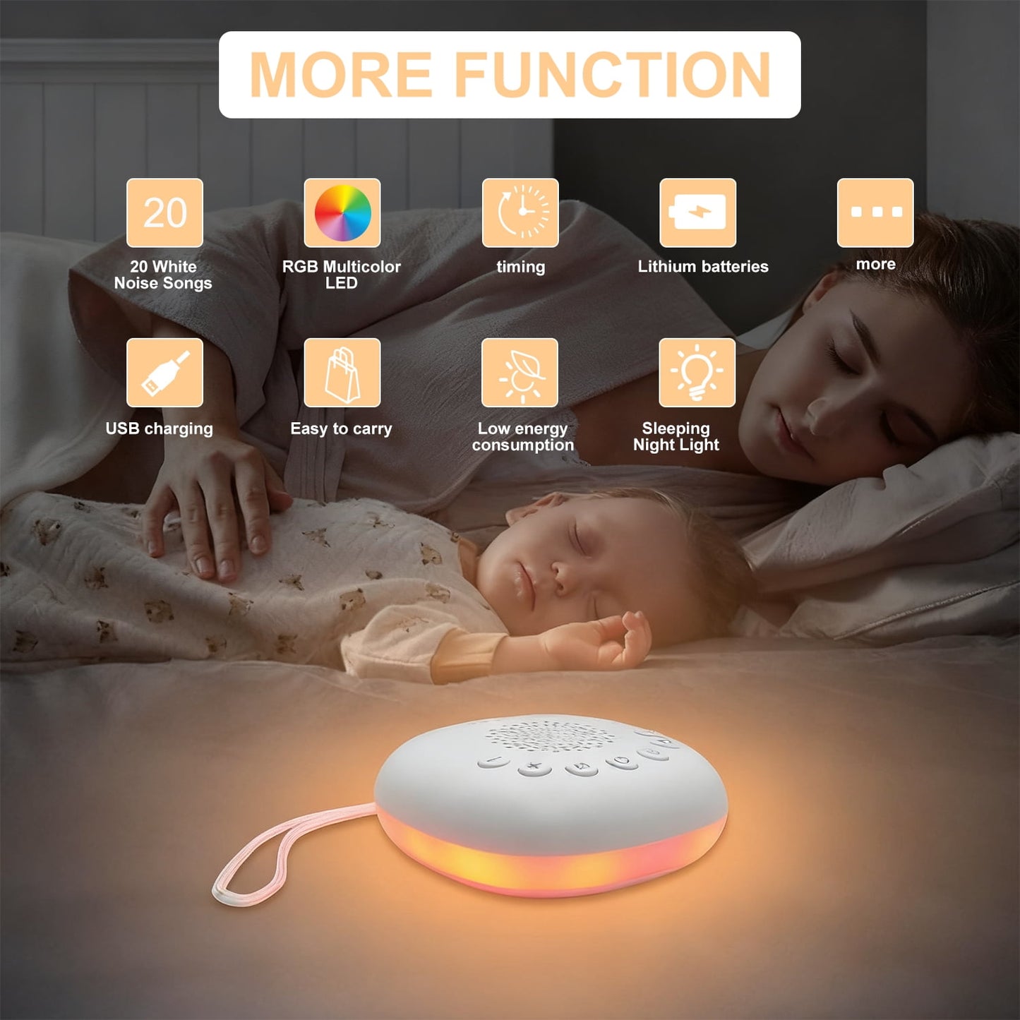 White Noise Sound Machine Portable - 20 Soothing Sounds Timer Adjustable Volume with Soft Night Light for Adult Sleep, Home or Travel Use