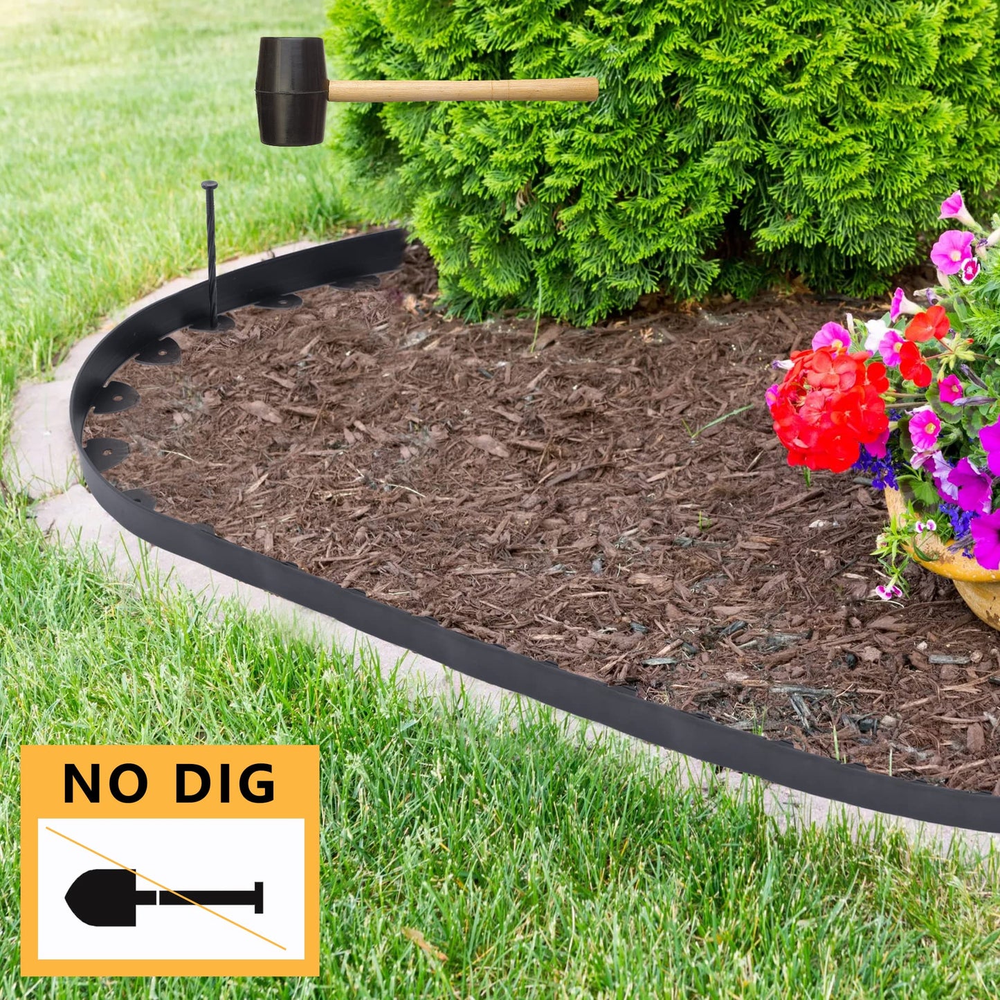 WHATOOK No Dig Durable Garden Landscape Edging Kit, 2” Tall Black Plastic Lawn Border with 72pcs Anchoring Spikes for Landscaping, Flower Gardens, Lawn (60FT)