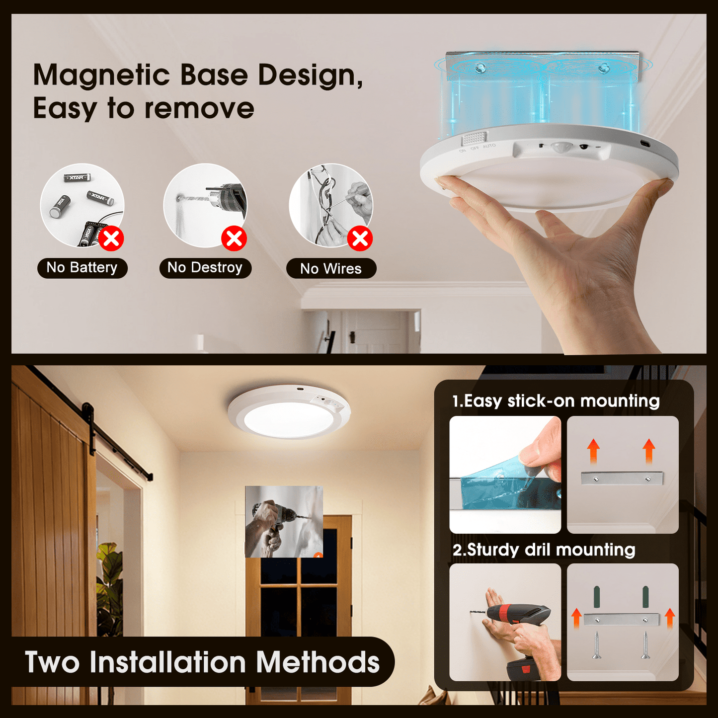 Merryhome Motion Sensor LED Ceiling Light 7 inch, Rechargeable Wireless Magnetic Light with Remote Control, Battery Operated for Closet Hallway, 2 Pack