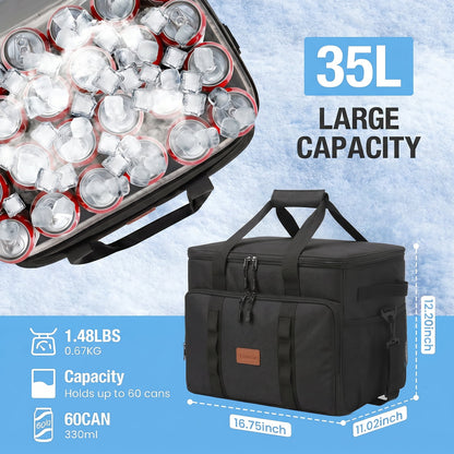 Merryhome 60 Can Collapsible Soft Sided Cooler Bag, Leakproof Insulated Portable Cooler for Beach, Camping, Travel, Picnic and Grocery, Black