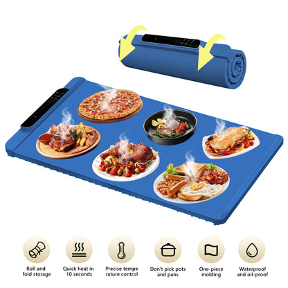 Food Warming Mat with 10 Level Temperature,Warming Mat for Food,Fast Heating Silicone Electric Warming Tray for Party,Family Dinner,Residential,Commercial,Travel（Blue）