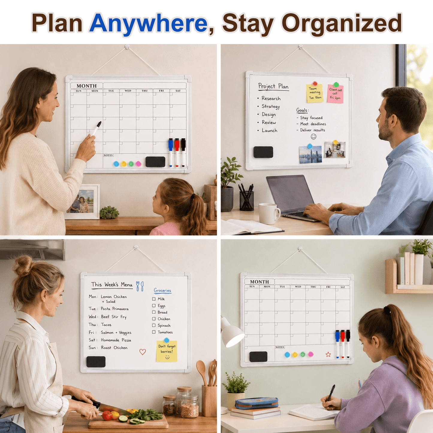 PUCACHI Monthly Calendar Whiteboard, 16 x 12 in Magnetic Dry Erase Calendar Board with Double-Sided Design, Markers and Magnets for Wall Home Office Kitchen School