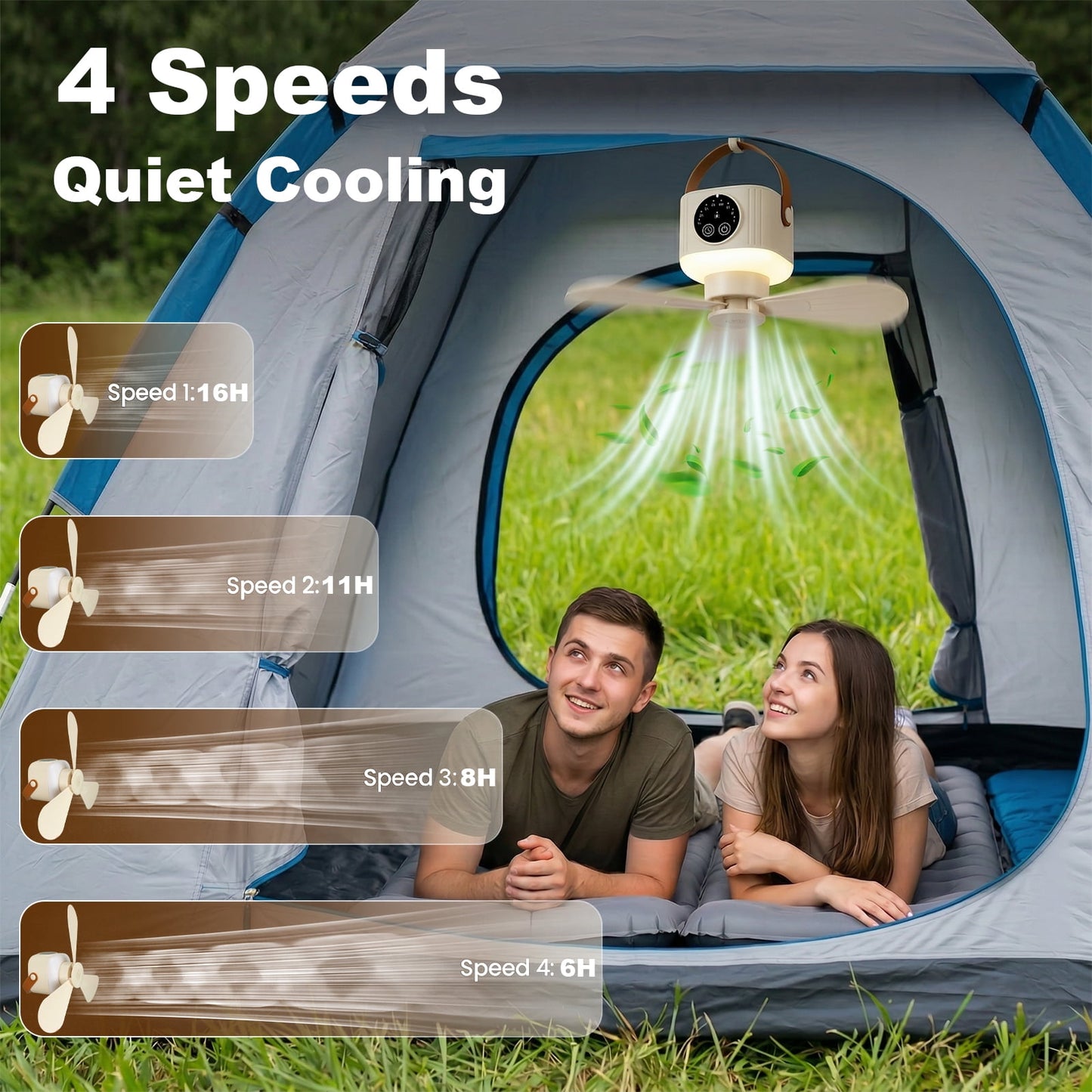 Camping Fan with Light, 7200mAh Rechargeable Fan with Remote, 4 Speed Timer LED Lantern for Camping Travel Emergency, Khaki