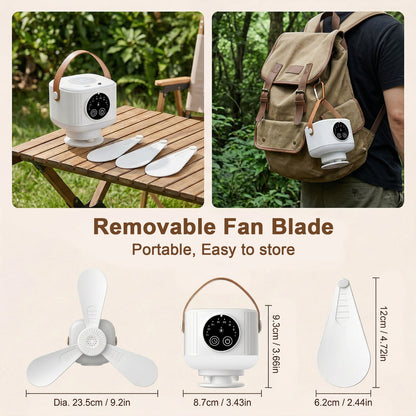 Merryhome Camping Fan with Light, 7200mAh Rechargeable Tent Fan with Remote, 4 Speeds, Timer and LED Lantern for Camping, Travel and Emergency, White